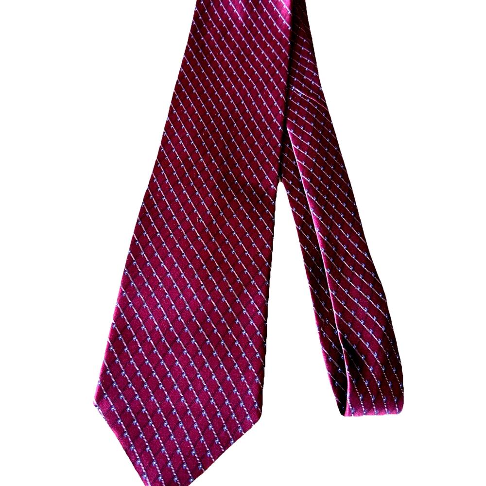 Y2K ALFANI Mens Tie Burgundy Red Career Geometric Grid Professional Italian Silk